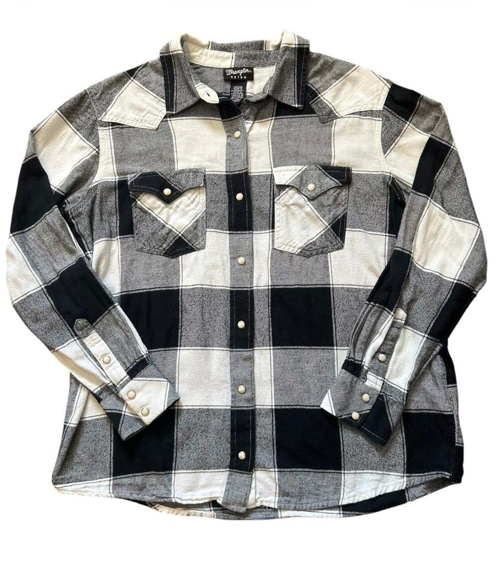 Wrangler Retro Black White Buffalo Plaid Pearl Snap Long Sleeve Shirt M